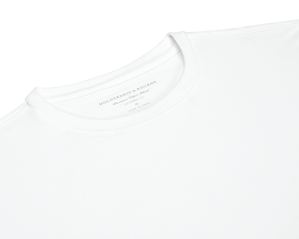 The Mason T-Shirt: White, featuring a tailored fit and premium Peruvian pima cotton blend, laid flat with visible inner neck label details.