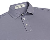 The Perkins Boys Shirt: Navy & White, features a micro-striped design, classic collar, and three-button placket, crafted from breathable DryLuxe fabric with UPF 50+ protection.