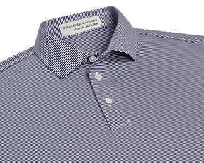 The Perkins Boys Shirt: Navy & White, features a micro-striped design, classic collar, and three-button placket, crafted from breathable DryLuxe fabric with UPF 50+ protection.