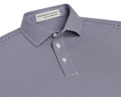 The Perkins Boys Shirt: Navy & White, features a micro-striped design, classic collar, and three-button placket, crafted from breathable DryLuxe fabric with UPF 50+ protection.