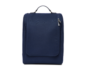The Rutledge Shoe Bag: Navy Ballistic, featuring a top handle, front zip flap, and leather trim, ideal for protecting and organizing shoes during travel.
