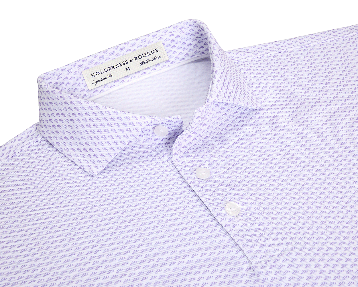 The Geiger Shirt: Tudor features a lavender-purple motif on white fabric, showcasing its spread collar and three-button placket, emphasizing Holderness & Bourne's signature fit.