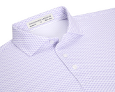 The Geiger Shirt: Tudor features a lavender-purple motif on white fabric, showcasing its spread collar and three-button placket, emphasizing Holderness & Bourne's signature fit.