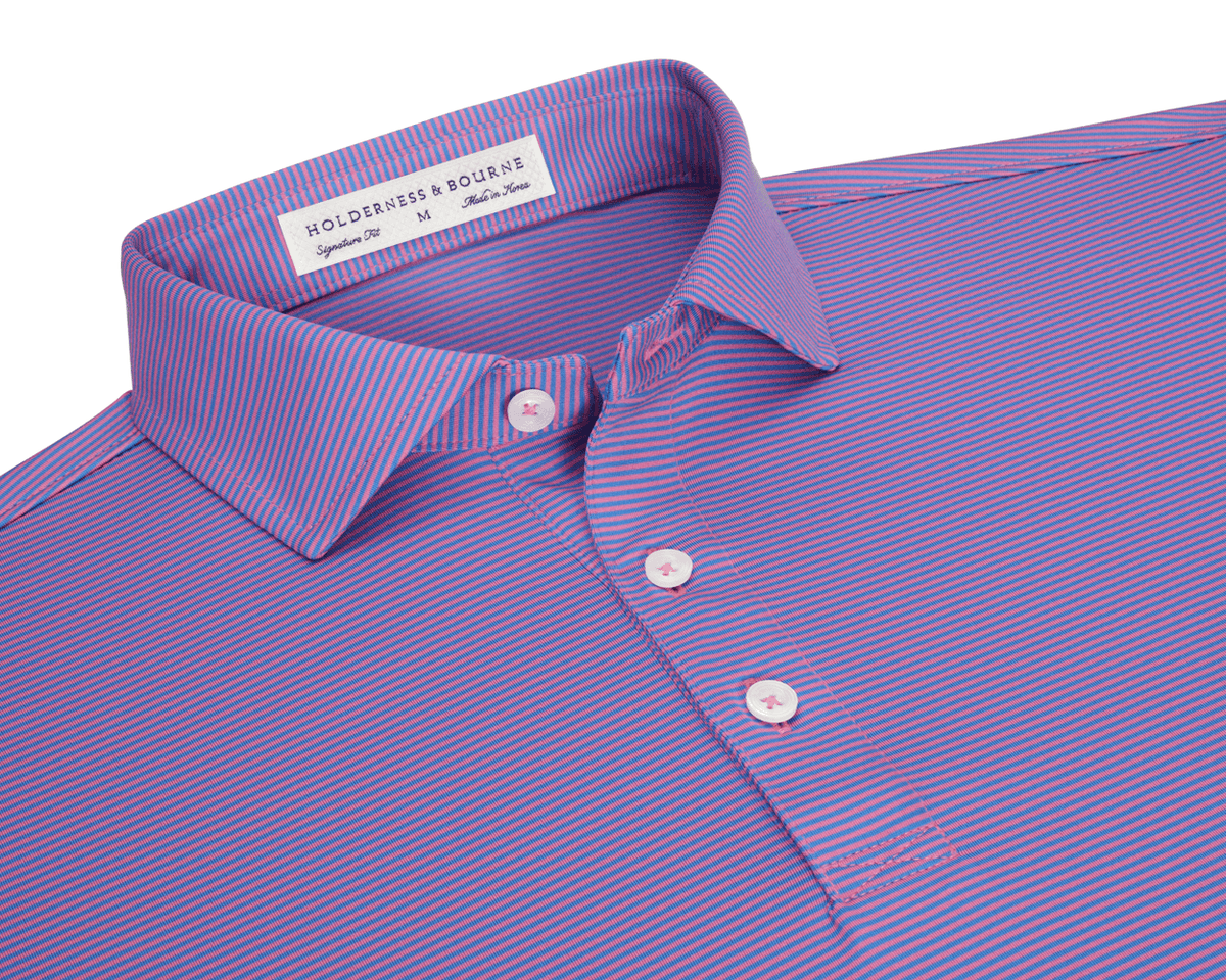 The Perkins Shirt: Horizon Blue & Belmont, featuring a striped pattern with pink and purple, a small collar, and a three-button placket for versatile style.
