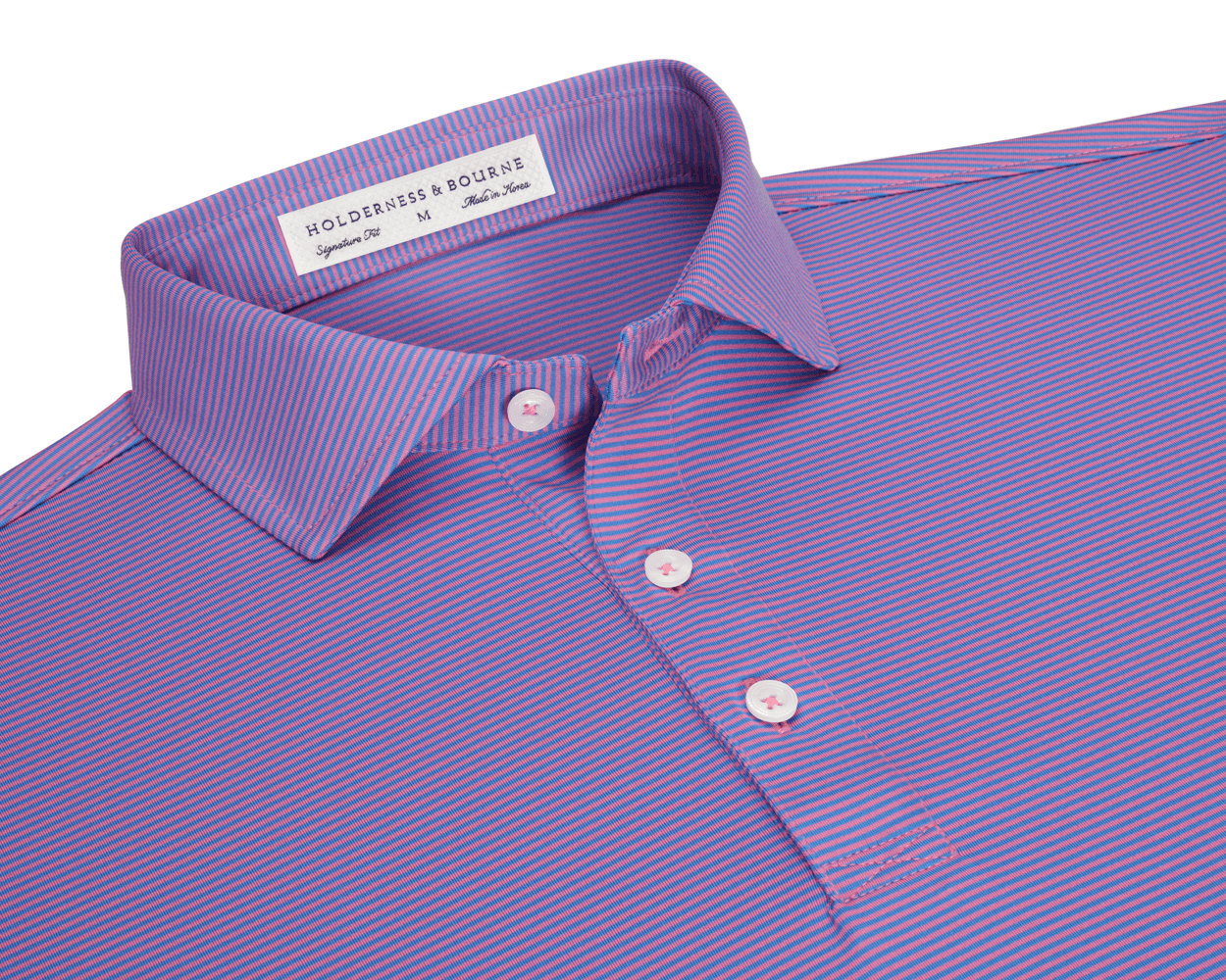 The Perkins Shirt: Horizon Blue & Belmont, featuring a striped pattern with pink and purple, a small collar, and a three-button placket for versatile style.