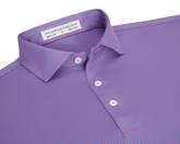 The Perkins Shirt: Horizon Blue & Belmont, featuring a striped pattern with pink and purple, a small collar, and a three-button placket for versatile style.