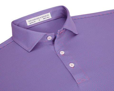 The Perkins Shirt: Horizon Blue & Belmont, featuring a striped pattern with pink and purple, a small collar, and a three-button placket for versatile style.