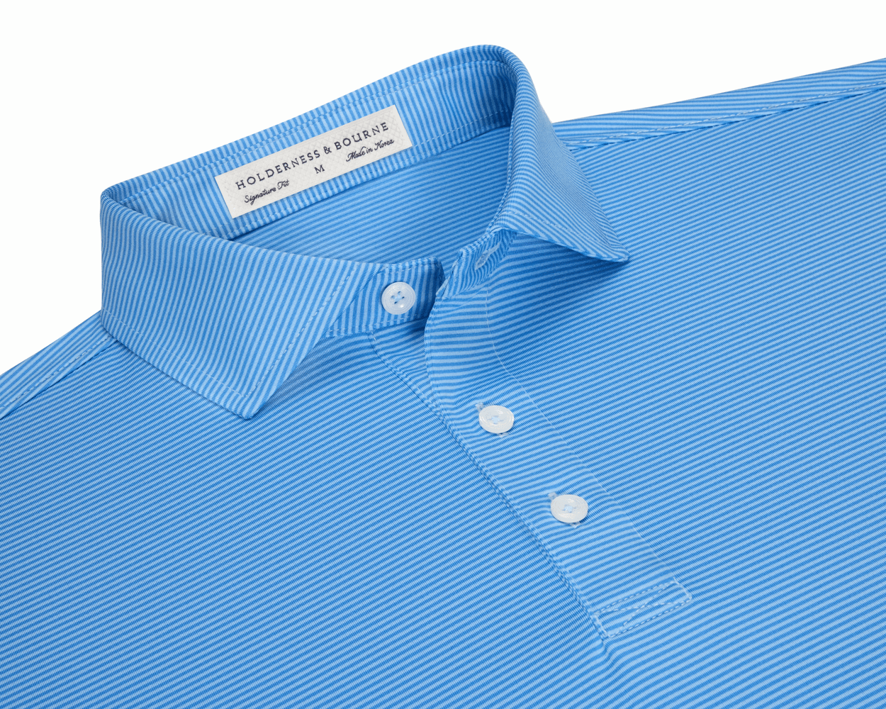 The Perkins Shirt: Horizon Blue & Vista Blue, featuring fine stripes, a classic collar, three-button placket, and signature fit, laid flat.