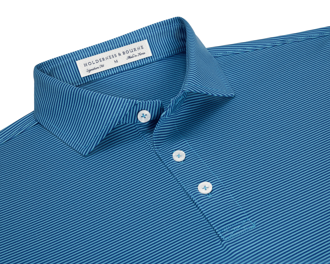 The Perkins Shirt: Maidstone Blue & Harbor, featuring fine blue stripes, a classic collar, three-button placket, and H&B label, offers performance fabric with UPF 50+ protection.