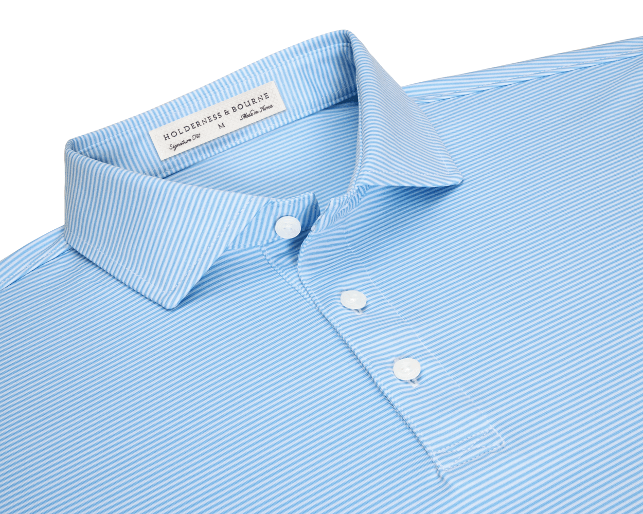 The Perkins Shirt: Vista Blue & White, featuring fine white stripes, a structured collar, three-button placket, and label reading “Holderness & Bourne” inside.