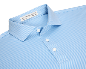 The Perkins Shirt: Vista Blue & White, featuring fine white stripes, a structured collar, three-button placket, and label reading “Holderness & Bourne” inside.