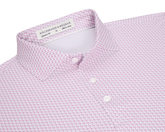 The Atwood Shirt: Cabernet features a white base with pink micro-print, white buttons, and a structured spread collar, showcasing Holderness & Bourne's signature fit.