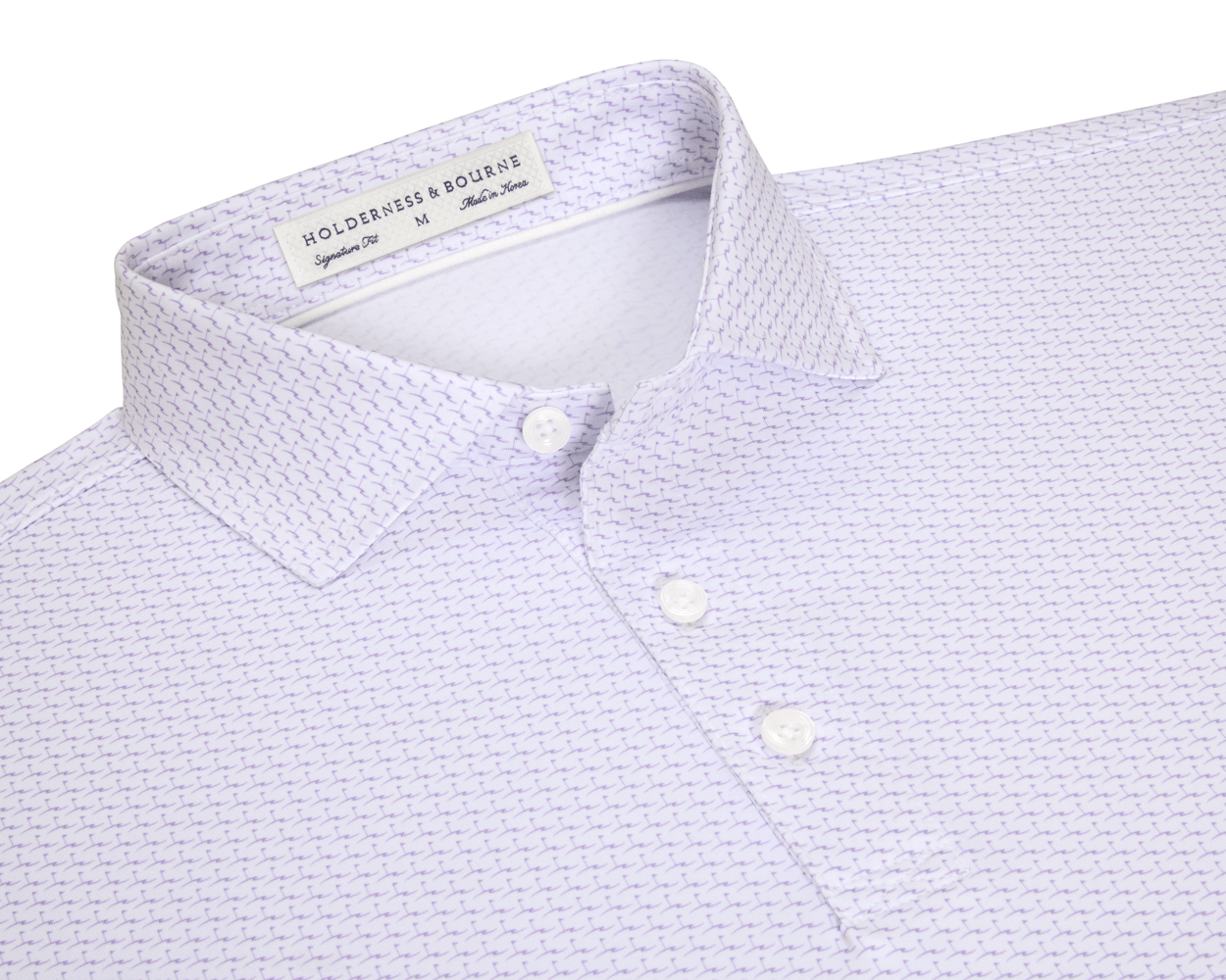 The Atwood Shirt: Tudor features a point collar, three-button placket, and herringbone print, offering comfort and performance with moisture wicking and sun protection.