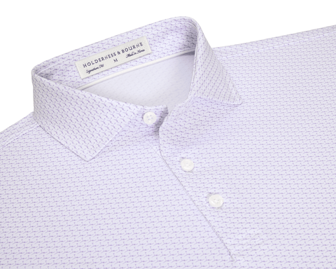 The Atwood Shirt: Tudor features a point collar, three-button placket, and herringbone print, offering comfort and performance with moisture wicking and sun protection.