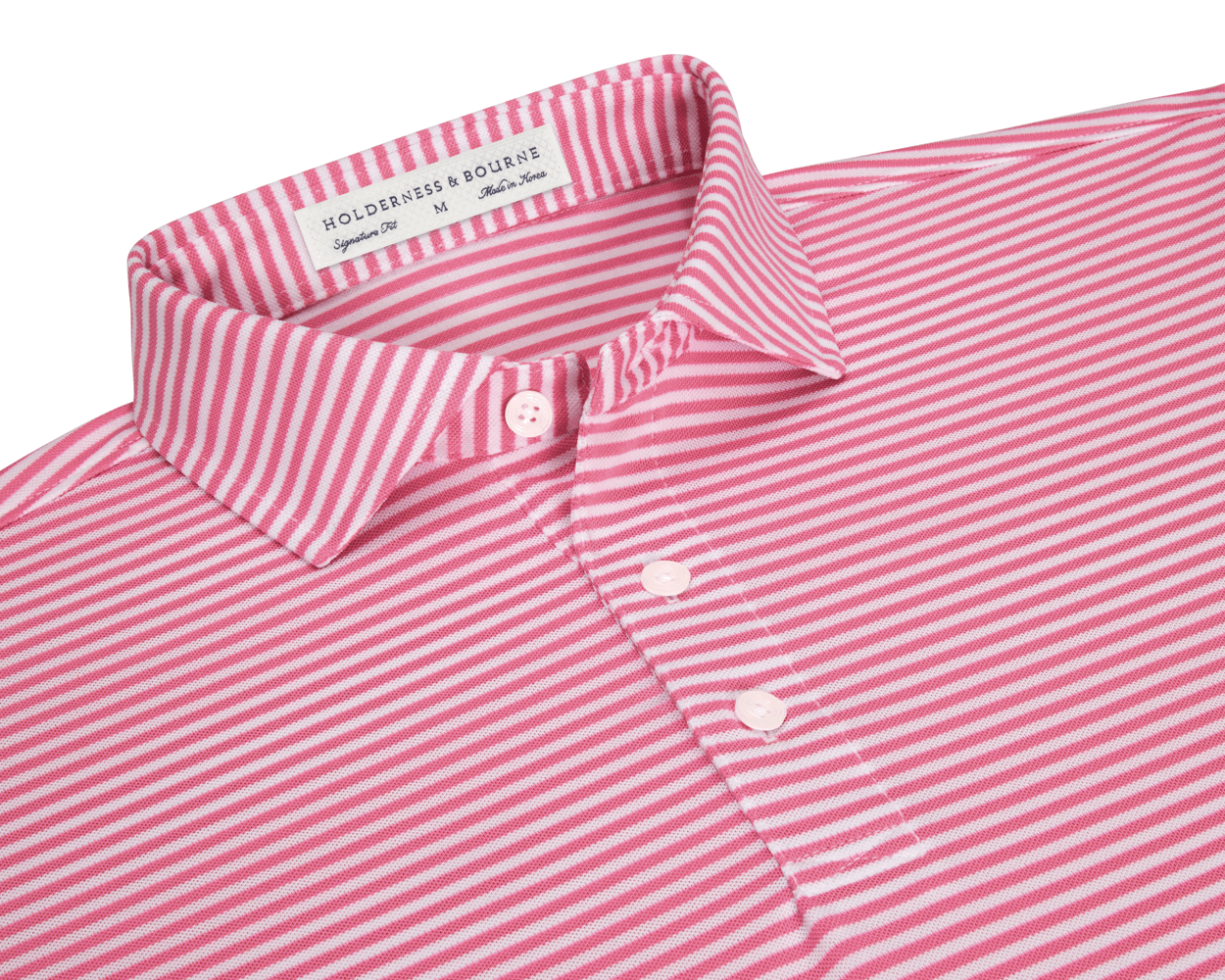 The Maxwell Shirt: Belmont & White, featuring a pink-and-white striped design, turn-down collar, and three-button placket, crafted for comfort and moisture wicking.