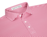The Maxwell Shirt: Belmont & White, featuring a pink-and-white striped design, turn-down collar, and three-button placket, crafted for comfort and moisture wicking.