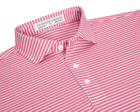 The Maxwell Shirt: Belmont & White, featuring a pink-and-white striped design, turn-down collar, and three-button placket, crafted for comfort and moisture wicking.