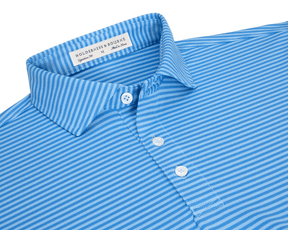 Close-up of The Maxwell Shirt: Horizon Blue & Vista Blue. Features thin white stripes, a structured collar, three-button placket, and Holderness & Bourne label.
