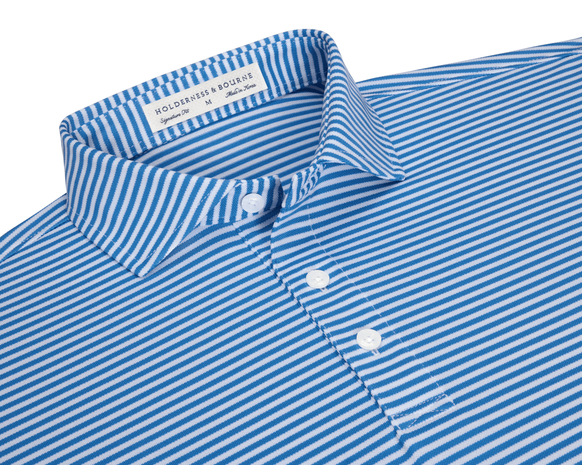 The Maxwell Shirt: Horizon Blue & White, featuring a striped design, structured spread collar, and three-button placket, showcasing Holderness & Bourne’s signature fit label.
