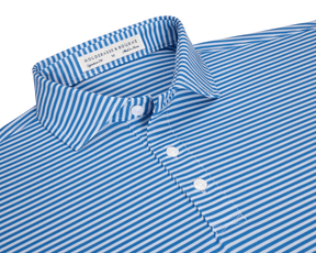 The Maxwell Shirt: Horizon Blue & White, featuring a striped design, structured spread collar, and three-button placket, showcasing Holderness & Bourne’s signature fit label.