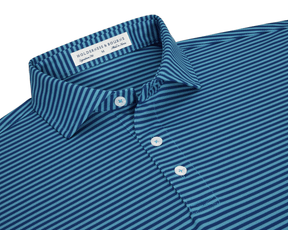 The Maxwell Shirt: Maidstone Blue & Harbor, featuring alternating blue stripes, a three-button placket, and a structured spread collar, crafted for comfort and performance.