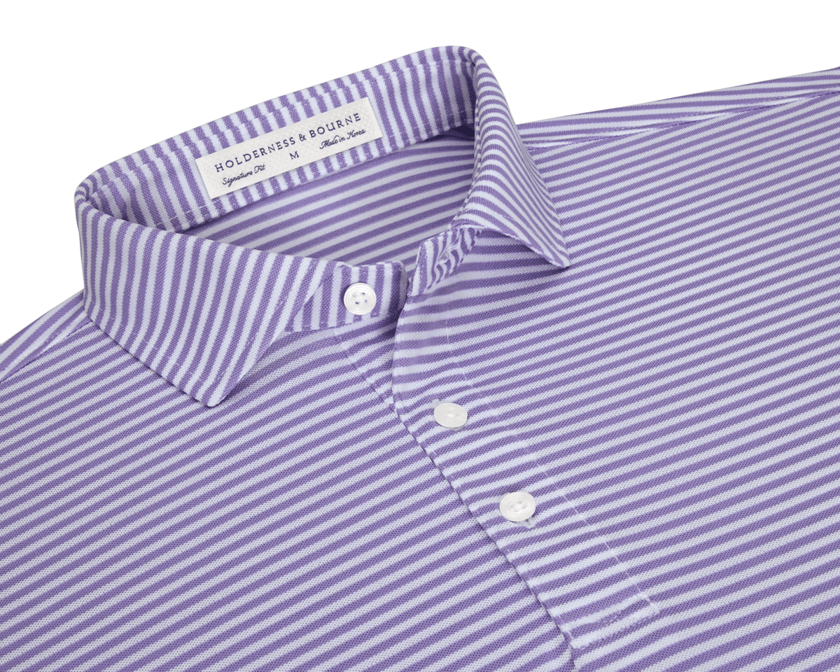 The Maxwell Shirt: Tudor & White, a collared polo with lavender-and-white stripes, features a three-button placket and the Holderness & Bourne label.