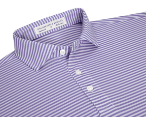 The Maxwell Shirt: Tudor & White, a collared polo with lavender-and-white stripes, features a three-button placket and the Holderness & Bourne label.