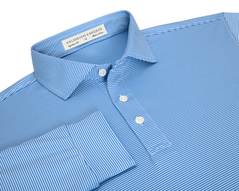 The Burke Shirt: Horizon Blue & White, featuring fine stripes, spread collar, button cuffs, and UPF 50+ protection for stylish, comfortable sun coverage.