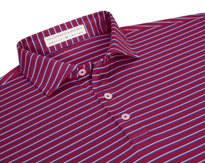 The Springer Shirt: Cabernet/White/Horizon Blue features a burgundy knit with sky-blue and white stripes, three-button placket, and fold-over collar, showcasing AIRATION® fabric.