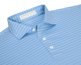 The Springer Shirt: Vista Blue/White/Horizon Blue, featuring light-blue horizontal stripes, fold-over collar, three-button placket, and Holderness & Bourne tag inside.