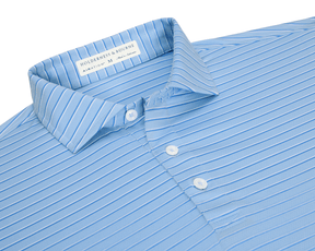 The Springer Shirt: Vista Blue/White/Horizon Blue, featuring light-blue horizontal stripes, fold-over collar, three-button placket, and Holderness & Bourne tag inside.