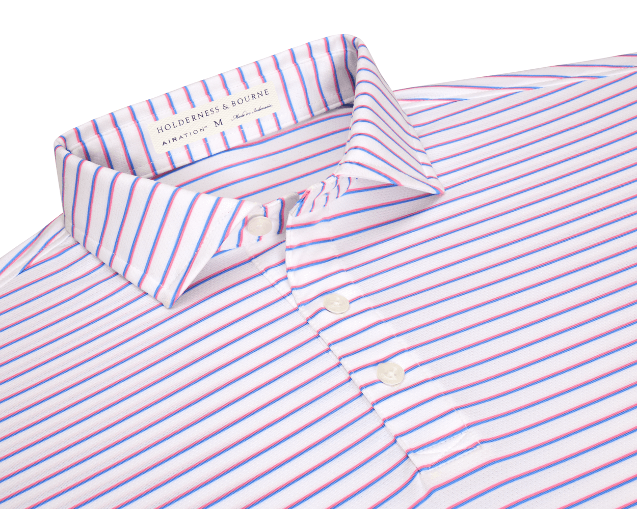 The Springer Shirt: White/Belmont/Horizon Blue, features a short-sleeve polo design with fine stripes, a structured collar, and a three-button placket, showcasing Holderness & Bourne’s signature style.