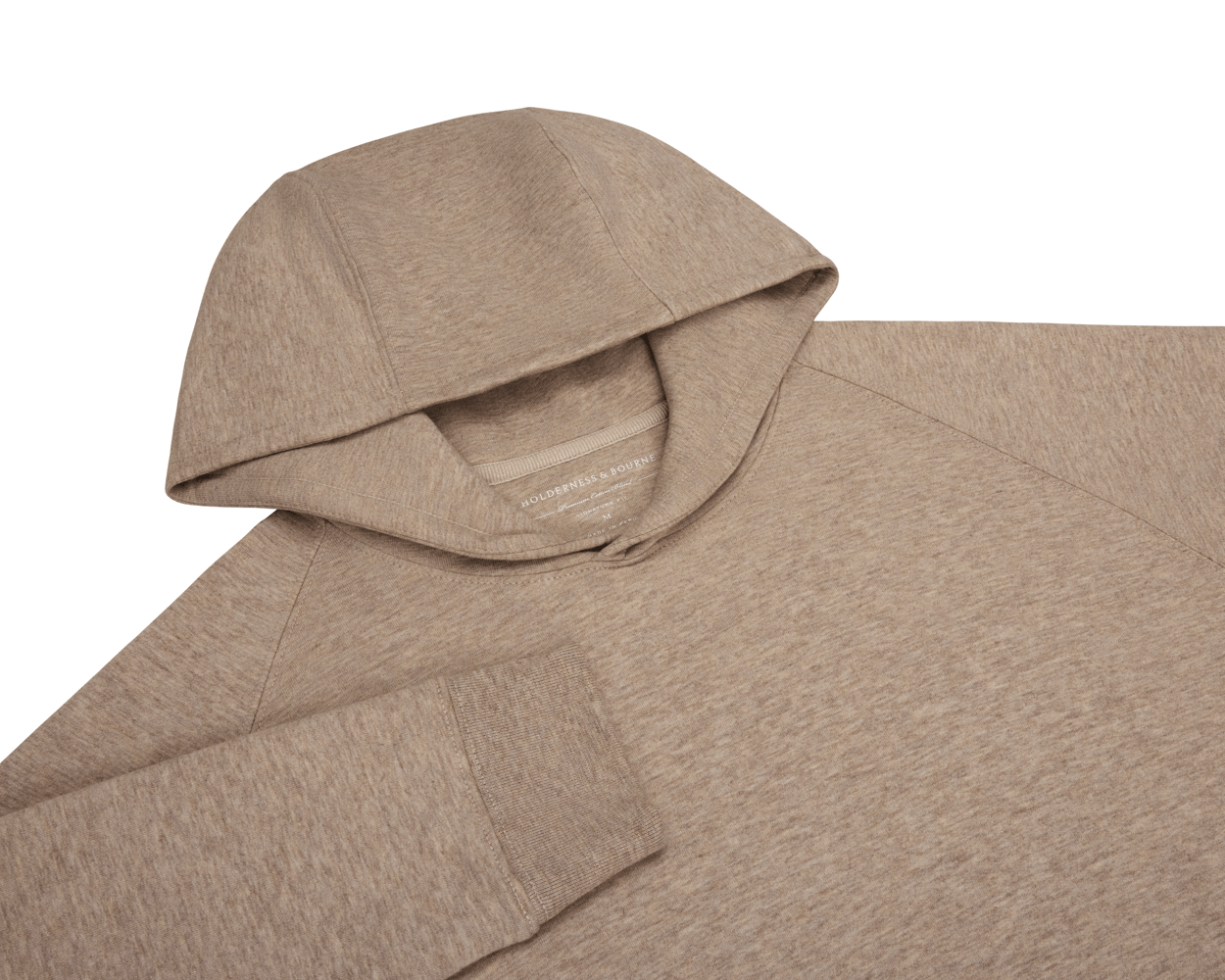 The Lawson Hoodie: Heathered Dune, featuring a hood, raglan sleeves, and cuffed wrist, crafted in ultra-soft fabric for warmth and comfort.