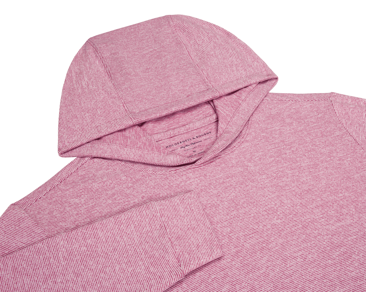The Hamilton Hoodie: Heathered Cabernet & White, showcases a close-up of its hood, sleeve cuff, and neckline, highlighting the fine-striped, heathered knit fabric.