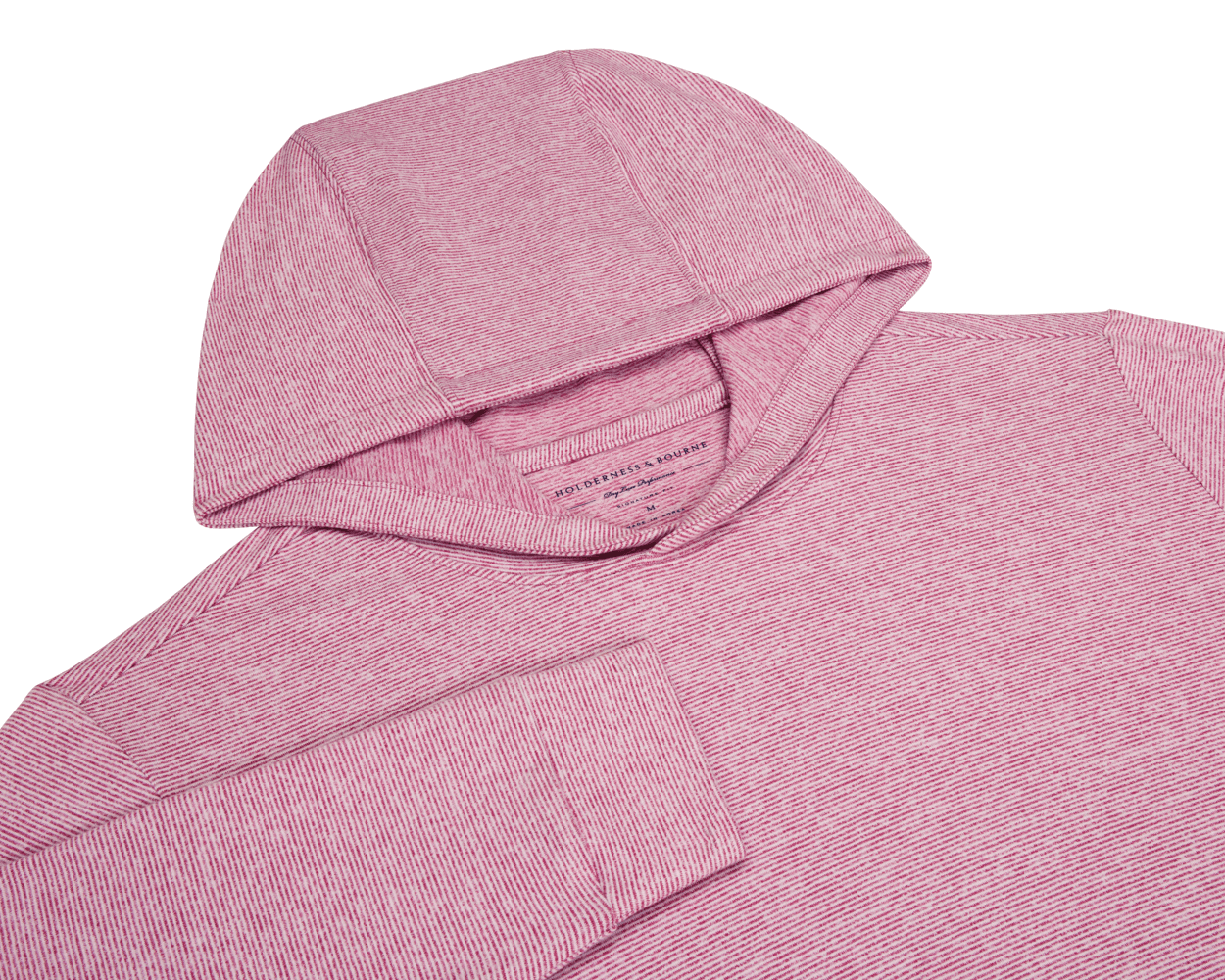 The Hamilton Hoodie: Heathered Cabernet & White, showcases a close-up of its hood, sleeve cuff, and neckline, highlighting the fine-striped, heathered knit fabric.