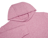 The Hamilton Hoodie: Heathered Cabernet & White, showcases a close-up of its hood, sleeve cuff, and neckline, highlighting the fine-striped, heathered knit fabric.
