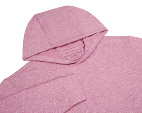 The Hamilton Hoodie: Heathered Cabernet & White, showcases a close-up of its hood, sleeve cuff, and neckline, highlighting the fine-striped, heathered knit fabric.