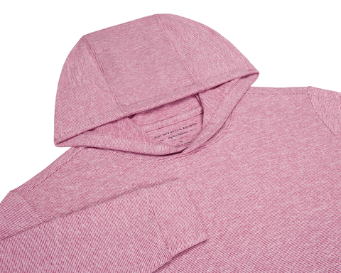The Hamilton Hoodie: Heathered Cabernet & White, showcases a close-up of its hood, sleeve cuff, and neckline, highlighting the fine-striped, heathered knit fabric.