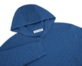 The Wallace Hoodie Sweater in heathered Maidstone blue, featuring ribbed hood lining, cuffs, and side panels, made from 100% Egyptian cotton.