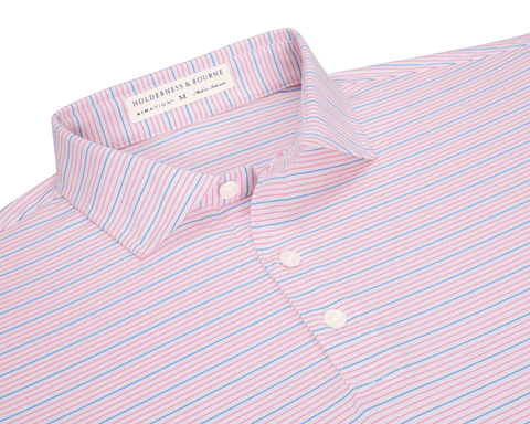 The Stanley Shirt: White/Belmont/Horizon Blue, featuring fine pink and blue stripes, a pointed collar, and three-button placket, crafted from breathable, moisture-wicking AIRATION® fabric.