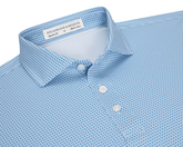 The Norman Shirt: Harbor & Maidstone Blue, a light-blue polo with subtle dark blue geometric pattern, classic collar, and three-button placket, featuring UPF 50+ protection.