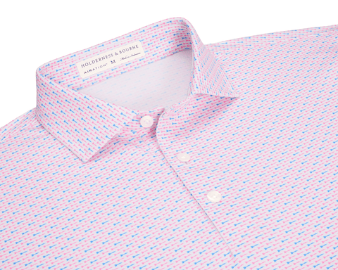 The Cadogan Shirt: Belmont & Horizon Blue, featuring a pink-and-blue dash pattern on white, with a structured collar and breathable AIRATION™ fabric for comfort and sun protection.