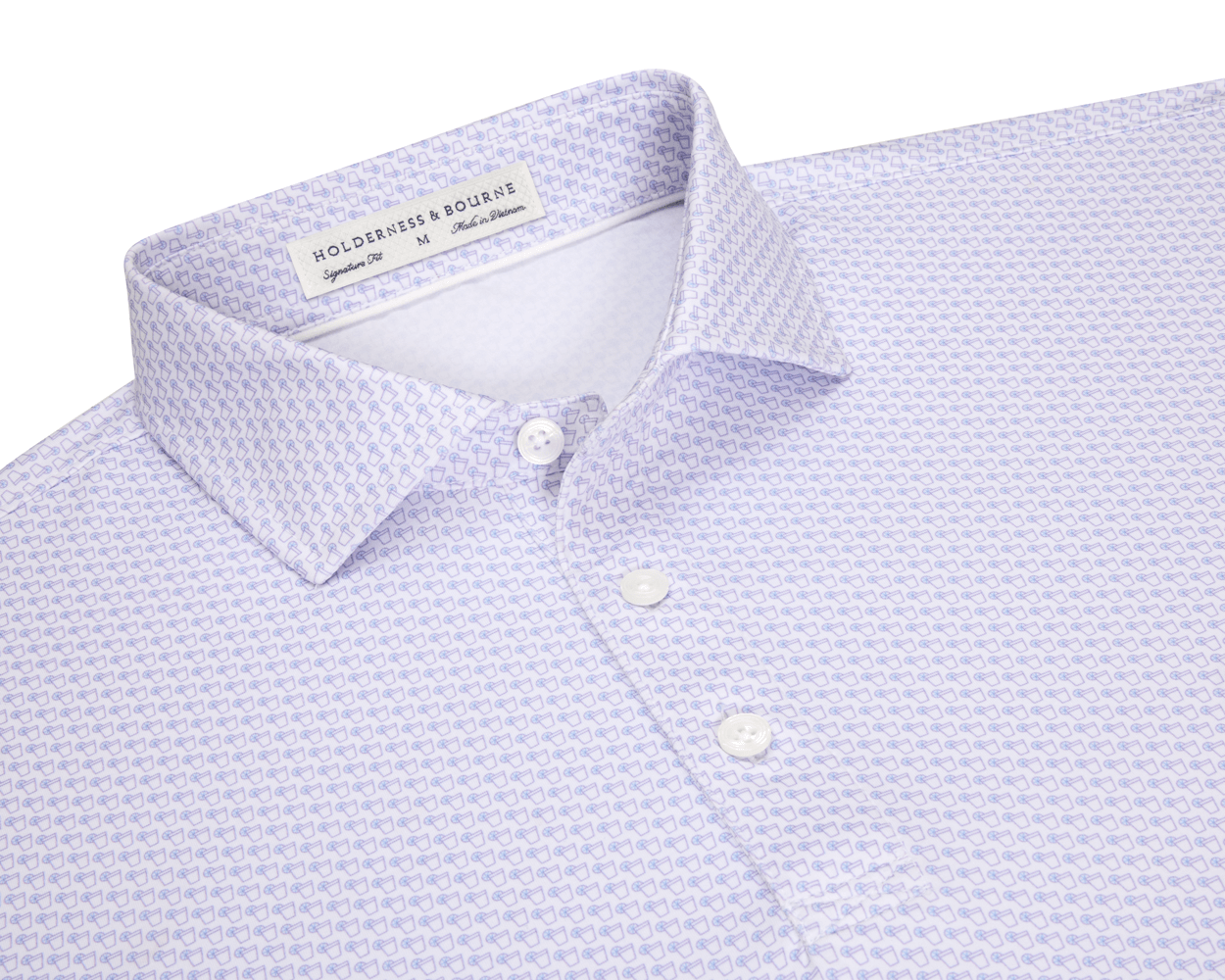 The Fulton Shirt: Vista Blue & Tudor, a men's button-up with a purple line-drawing pattern, classic spread collar, and white buttons, laid flat.