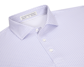 The Fulton Shirt: Vista Blue & Tudor, a men's button-up with a purple line-drawing pattern, classic spread collar, and white buttons, laid flat.