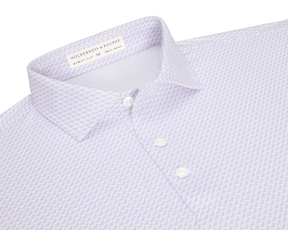 The Walton Shirt: Tudor in light lavender features a classic point collar, three-button placket, and micro-repeating motif, crafted from breathable, stretchy AIRATION™ fabric.