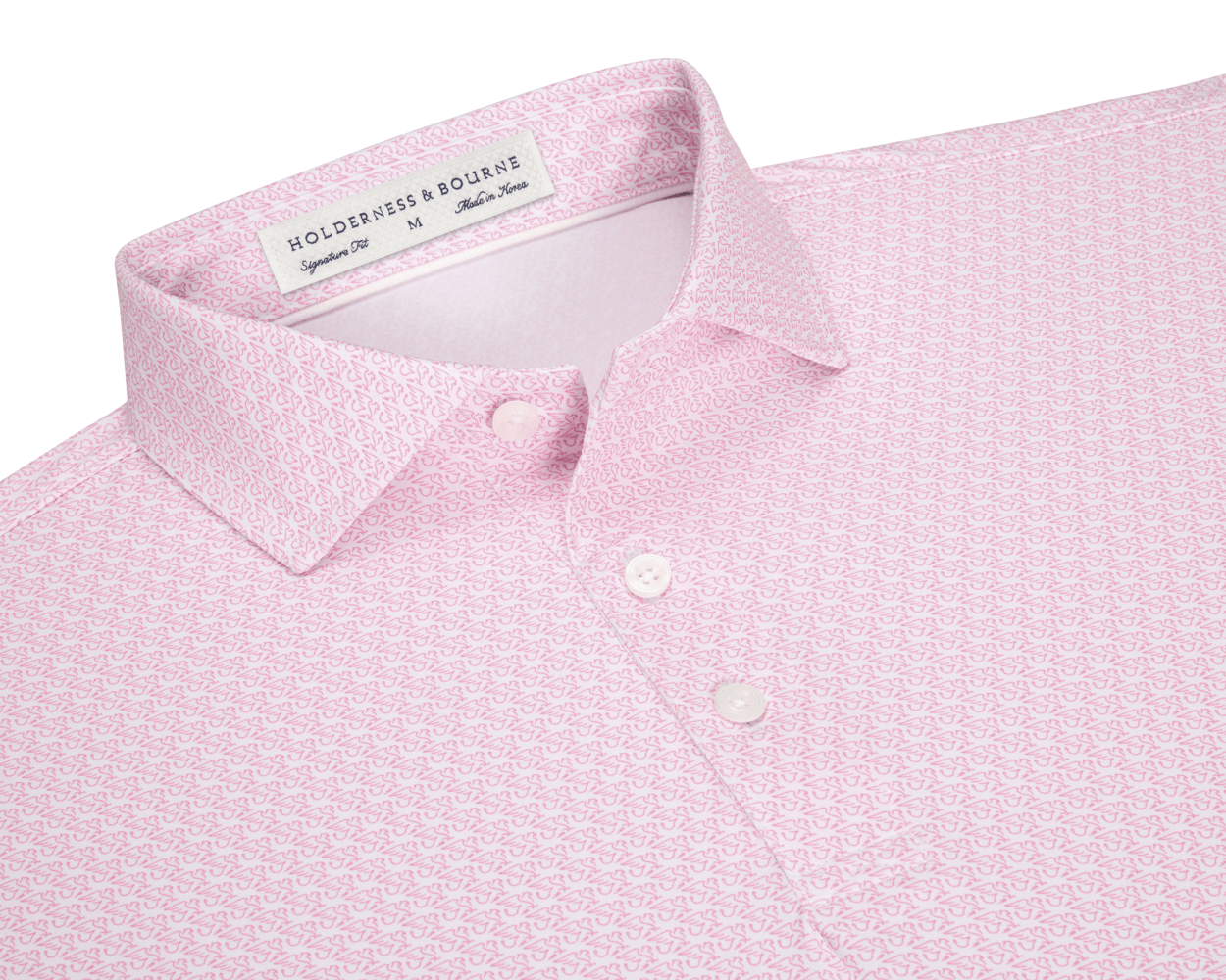 The Griffin Shirt: Belmont, a pink polo with a subtle griffin pattern, features a structured collar and button placket, offering style and sun protection.