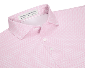 The Griffin Shirt: Belmont, a pink polo with a subtle griffin pattern, features a structured collar and button placket, offering style and sun protection.