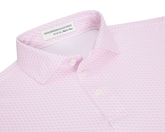 The Atwood Boys Shirt: Belmont, featuring a white base with a fine pink geometric pattern, three-button placket, and soft collar, ideal for active, sun-protected wear.