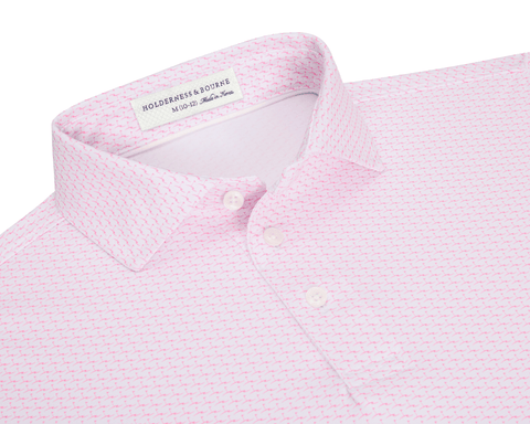 The Atwood Boys Shirt: Belmont, featuring a white base with a fine pink geometric pattern, three-button placket, and soft collar, ideal for active, sun-protected wear.