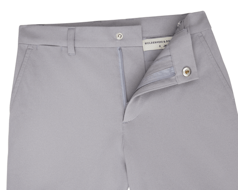The Harwood Boys Short: Gray, featuring a light gray design with a partially open zipper, a Holderness & Bourne label, and a non-slip waistband.
